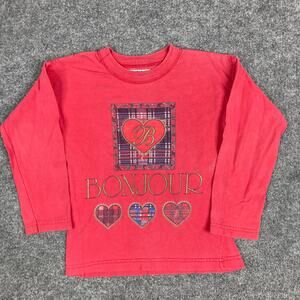 Bonjour Girls Size 5-6 Red Long Sleeve Graphic Heart Shirt Vintage